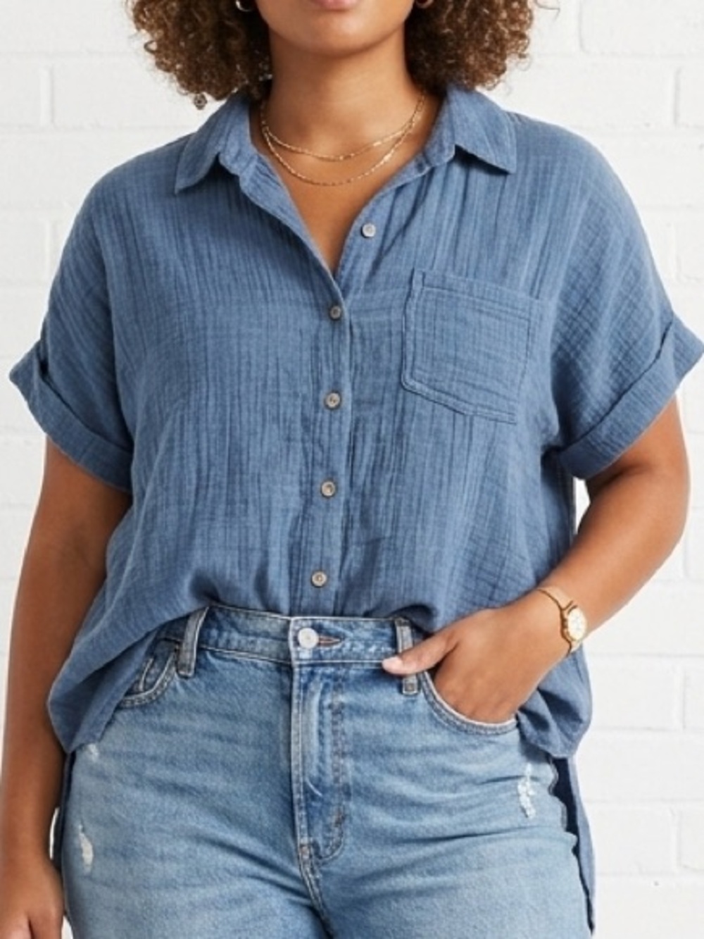 Sim & Sam Blue Button Down Shirt Large Coastal Grandmother Boho